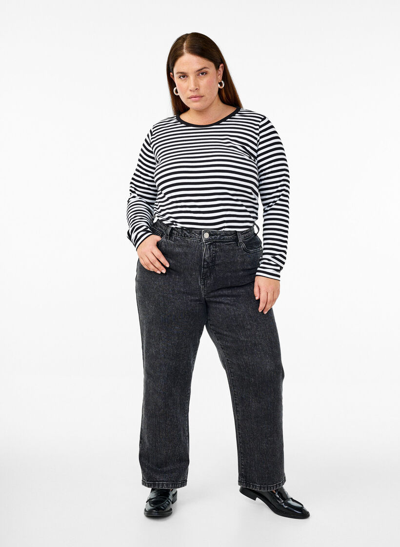 Stripete bluse med lange ermer, Svart, Model image number 1