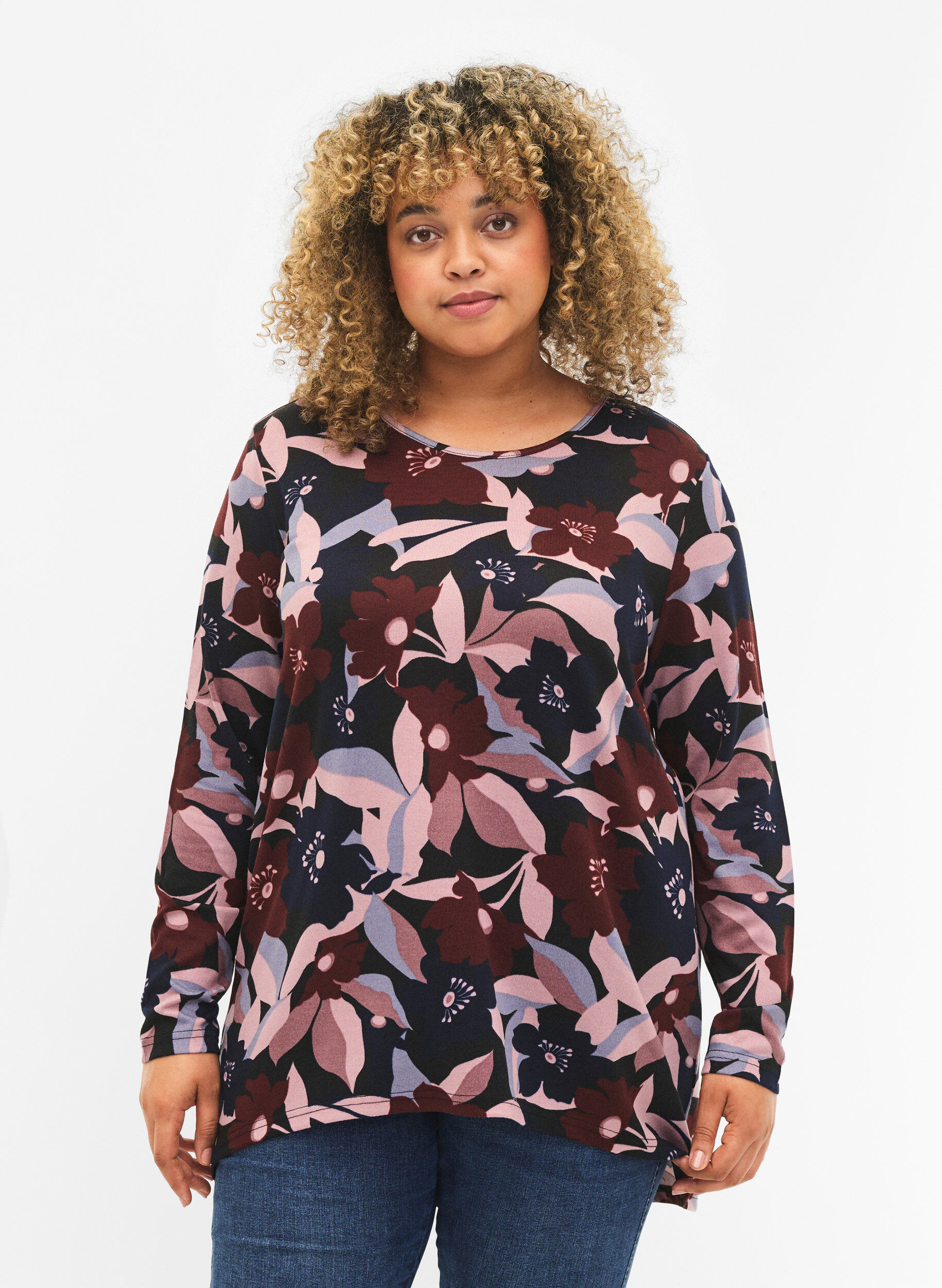 Zizzi Blomstret bluse med lange ermer, Black Rose Flower, Model image number 0