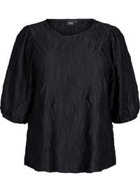 Bluse med tekstur og 3/4-ermer, Svart Bluse med tekstur og 3/4-ermer