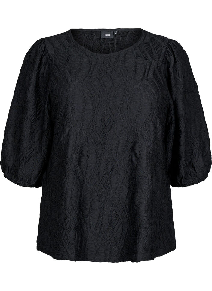 Bluse med tekstur og 3/4-ermer, Svart, Packshot image number 0