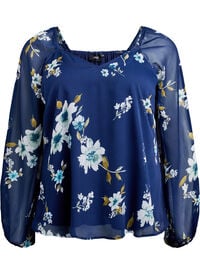 Chiffonbluse med blomstertrykk og lange ermer, Blå Chiffonbluse med blomstertrykk og lange ermer