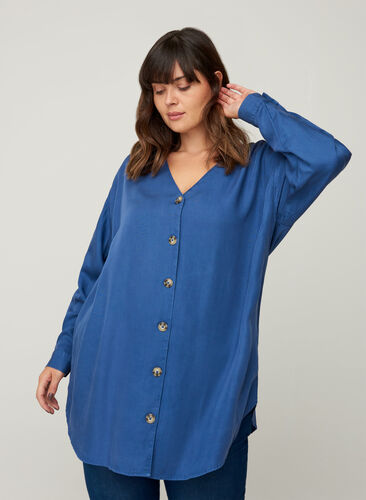 Skjorte i lyocell med v-hals, Blue denim, Model image number 0