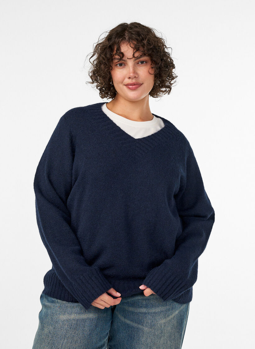 Genser med V-hals, Bl&aring;, Model image number 0