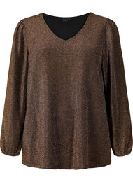 Glitterbluse med puffermer, Black Copper