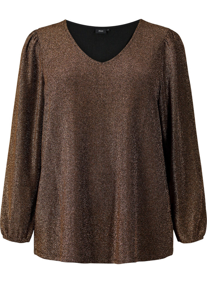 Glitterbluse med puffermer, Black Copper, Packshot image number 0