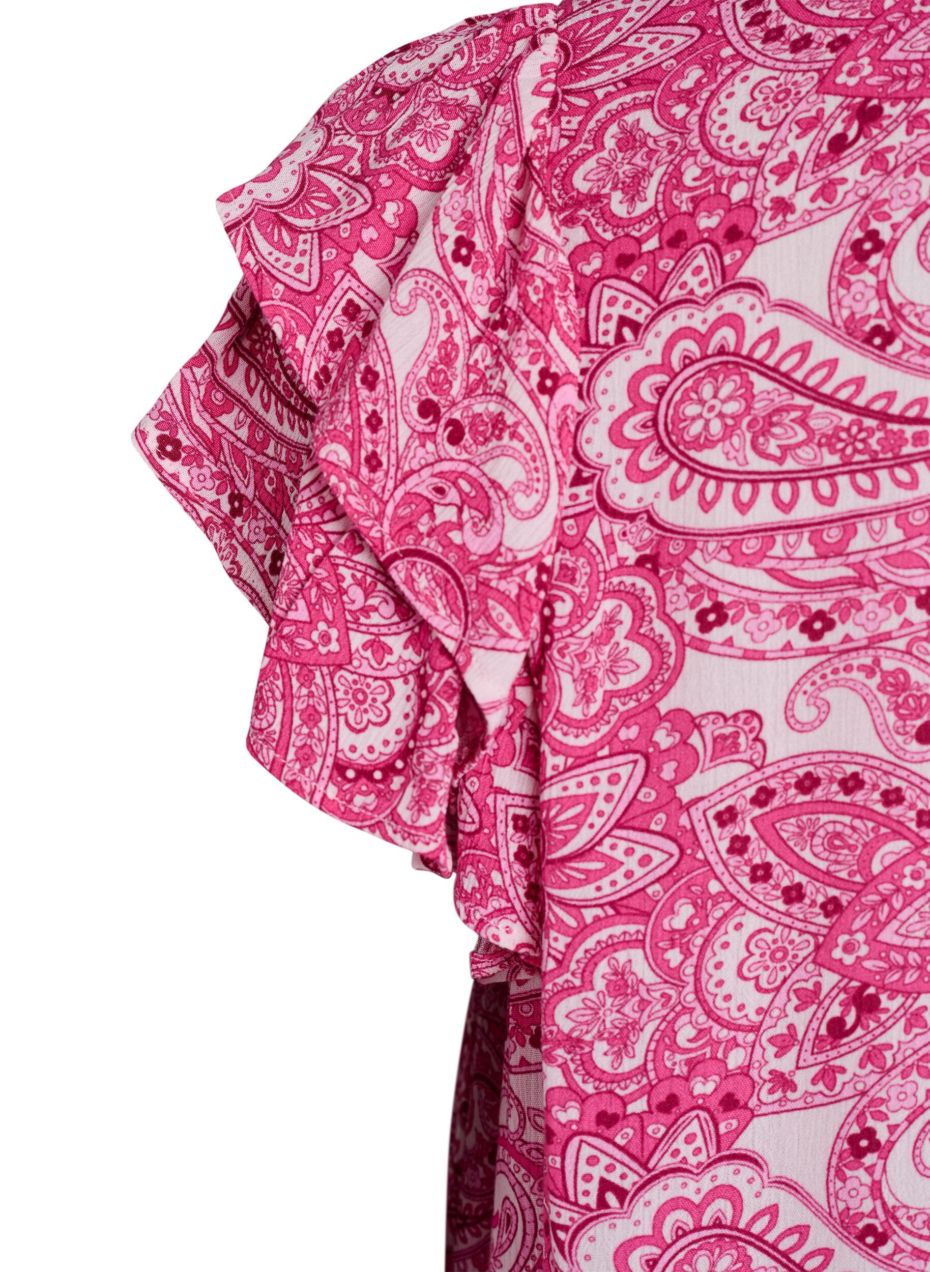 Zizzi M&oslash;nstret viskosebluse med volangdetaljer, Rosa, Packshot image number 3