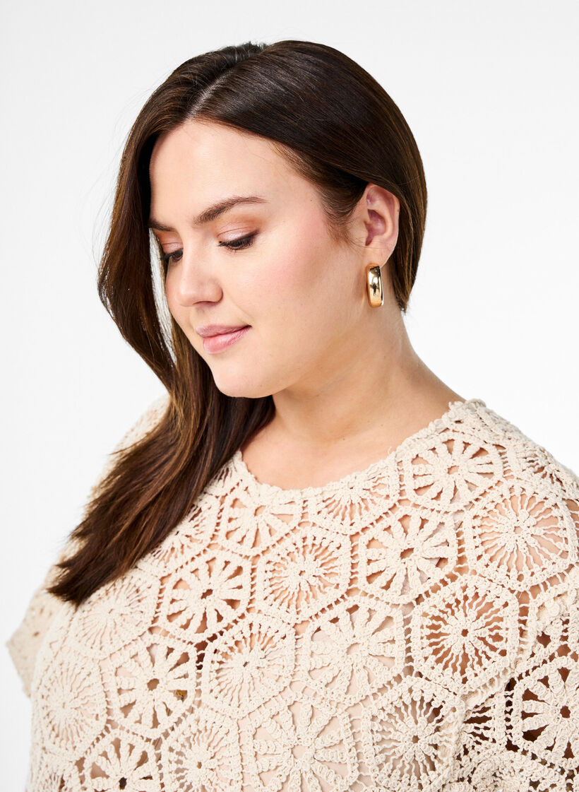 Heklet bluse med korte ermer, Beige, Model image number 3