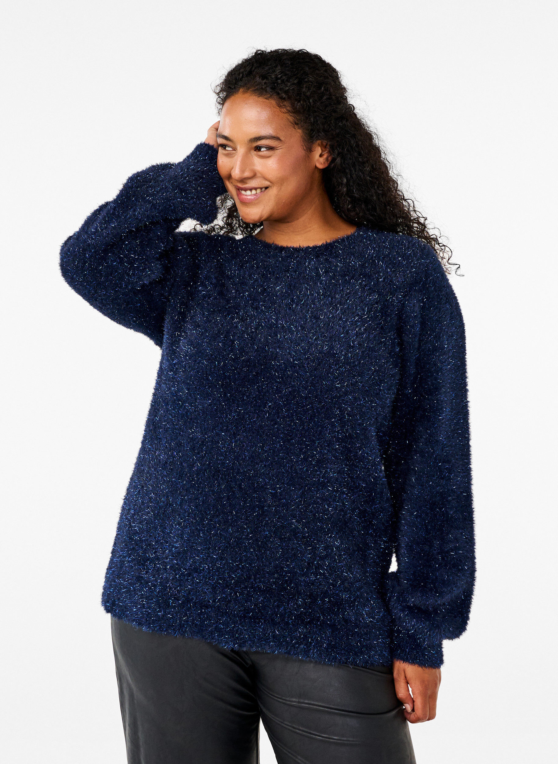 Zizzi Strikket bluse med glittertr&aring;d, Bl&aring;, Model image number 0