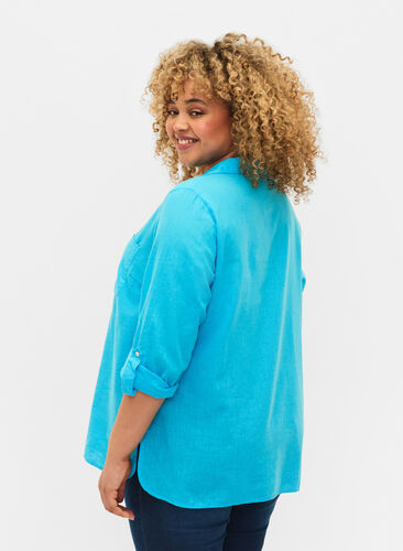 Skjortebluse med knappelukking i bomull-lin-blanding, Blue Atoll, Model image number 1