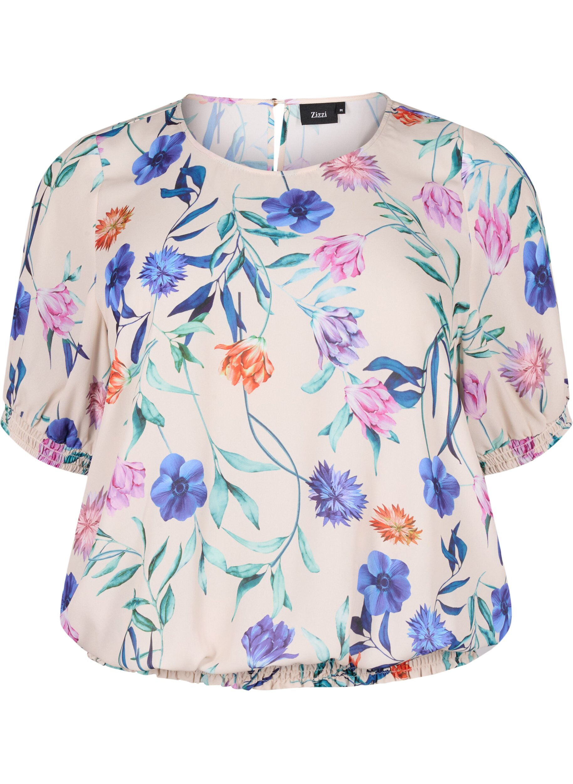 Zizzi Blomstret bluse med vaffels&oslash;m, Bl&aring;, Packshot image number 0
