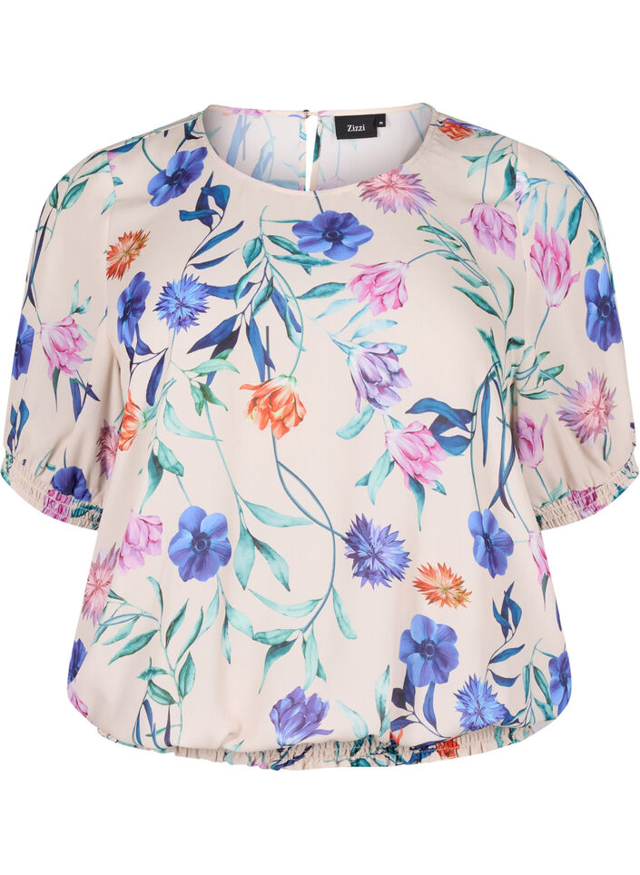 Blomstret bluse med vaffels&oslash;m, Bl&aring;, Packshot image number 0