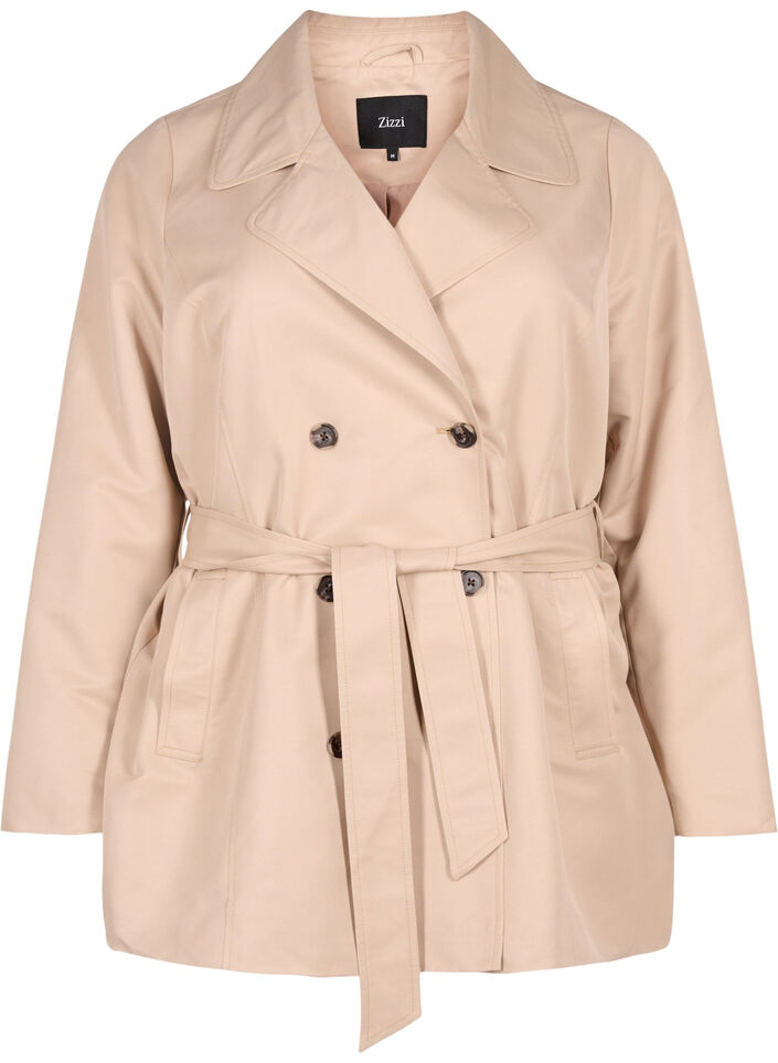 Kort trenchcoat med belte, Beige, Packshot image number 0