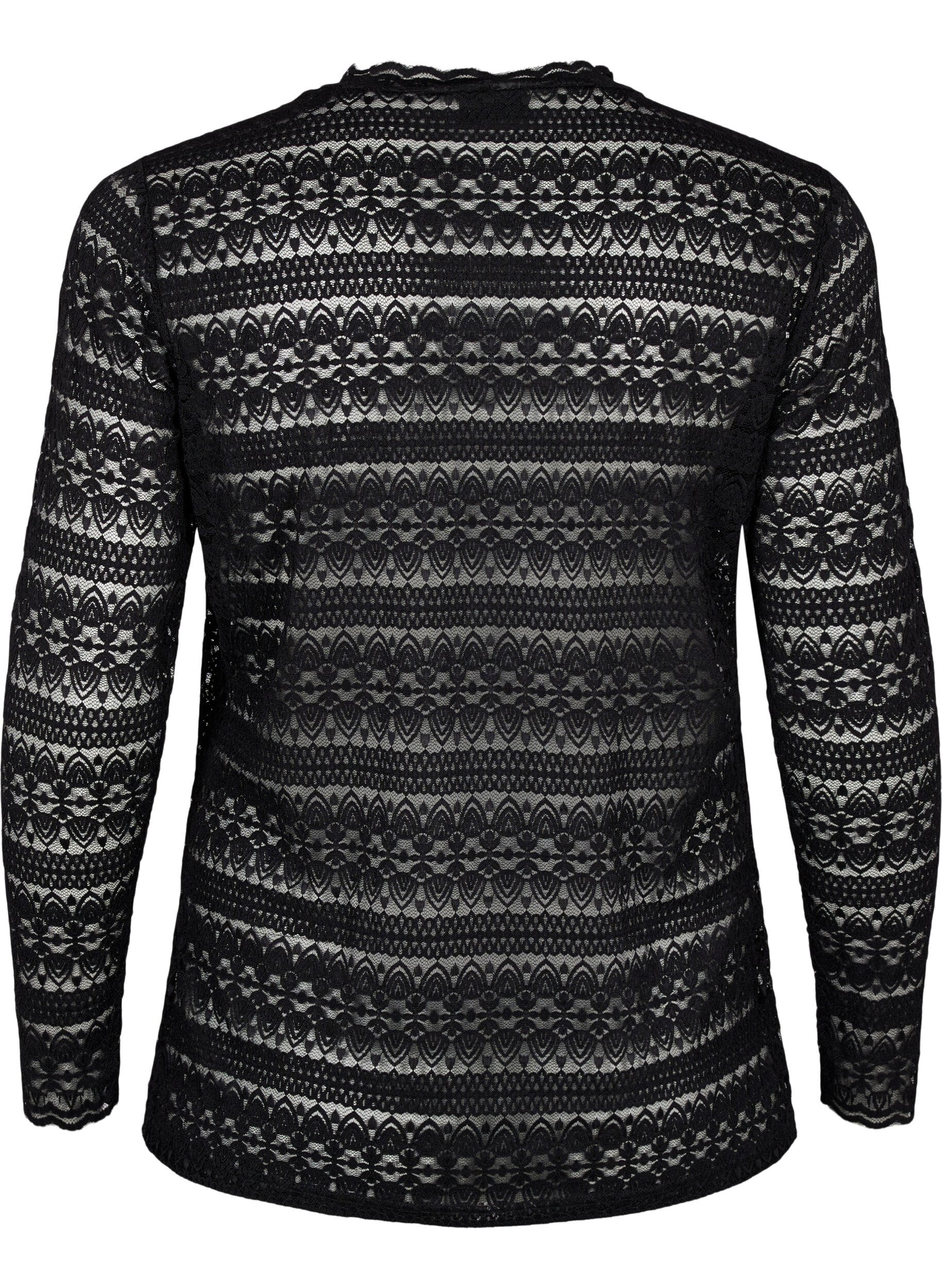 Zizzi Bluse med blonder og lange ermer, Black, Packshot image number 1