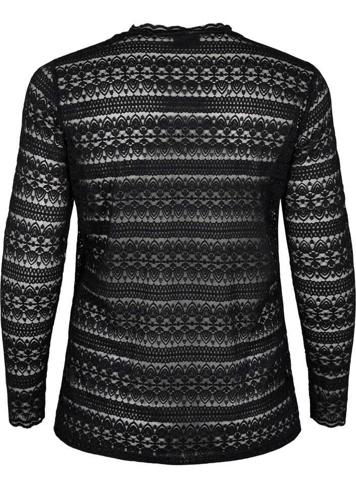 Bluse med blonder og lange ermer, Black, Packshot image number 1