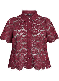 Skjortebluse i blonde med perleknapper, Mørk Bordeaux Skjortebluse i blonde med perleknapper