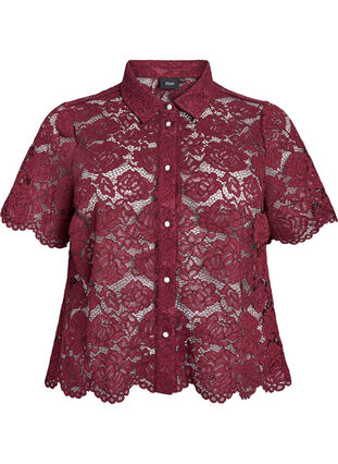 Zizzi Skjortebluse i blonde med perleknapper, Mørk Bordeaux, Packshot image number 0