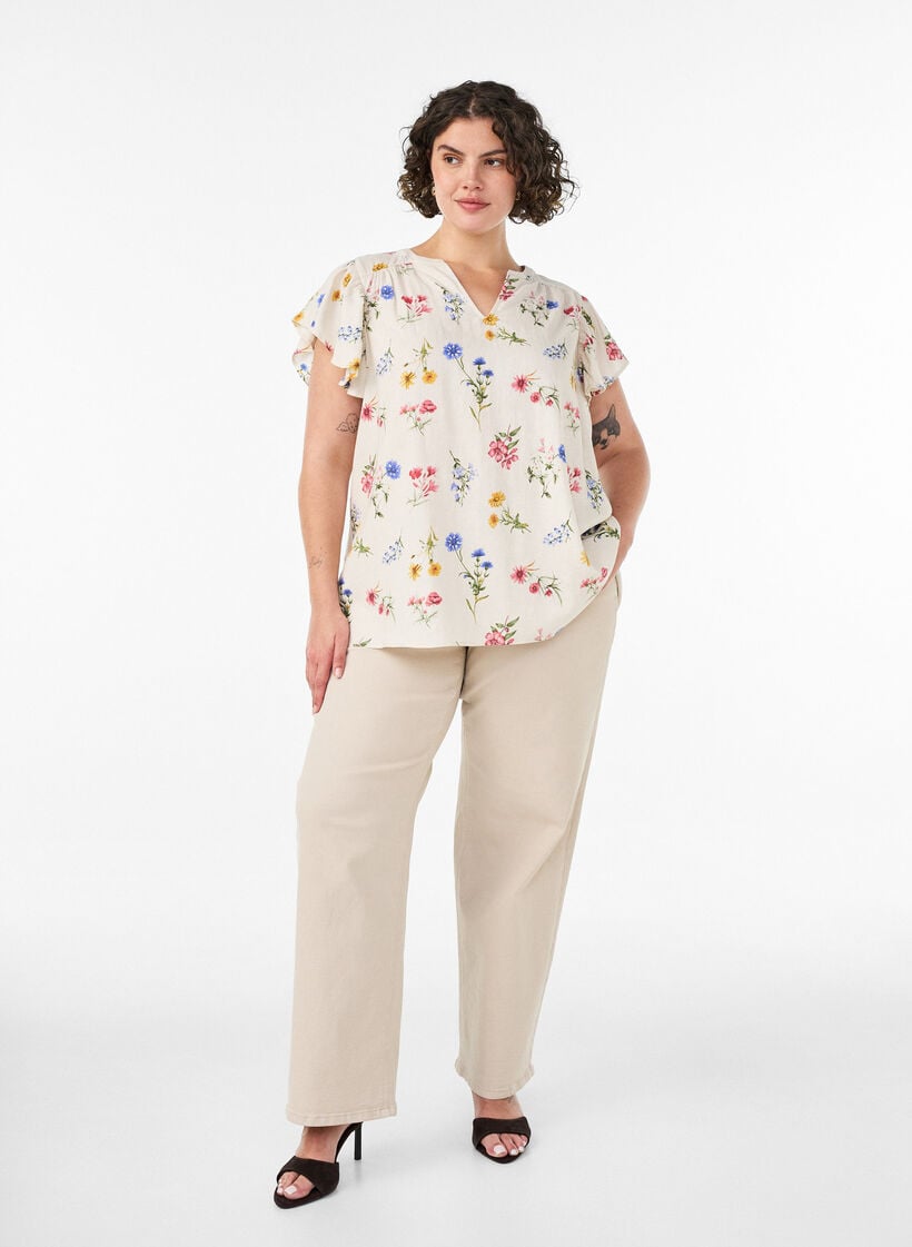 Bluse i viskose og lin med volangermer, Beige, Model image number 1