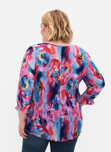 Bluse med plissé og 3/4-ermer, Lavender Space AOP, Model image number 1