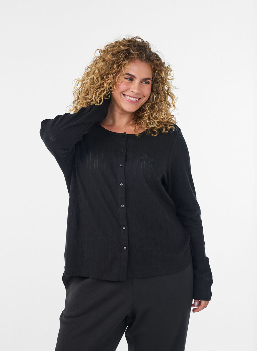 Cardigan i &oslash;kologisk bomull med hullbroderi, Svart, Model image number 0