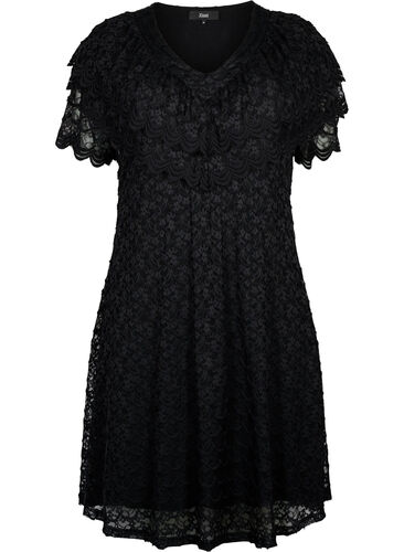 Kortermet blondekjole med brede volanger, Black, Packshot image number 0