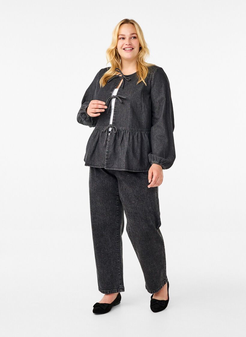 Peplumbluse i denim med snøring, Grå, Model image number 1