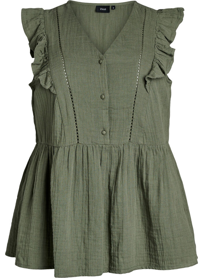 Ermel&oslash;s bluse i bomullsmusselin med volanger, Gr&oslash;nn, Packshot image number 0
