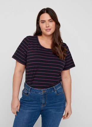 Stripete T-skjorte i bomull, Black w. Purple , Model image number 0