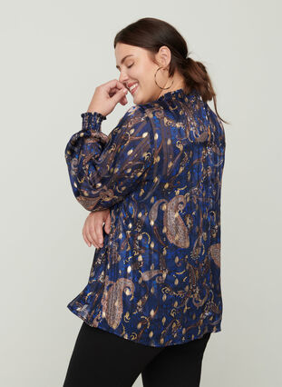 Mønstrete bluse med høy hals og smock, Paisley Foil, Model image number 1