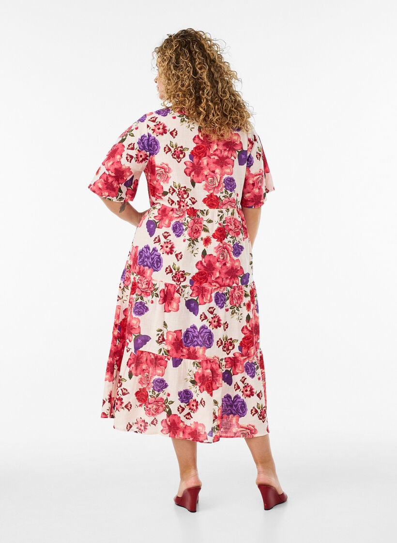 Bomullsmidikjole med blomsterprint, R&oslash;d, Model image number 1