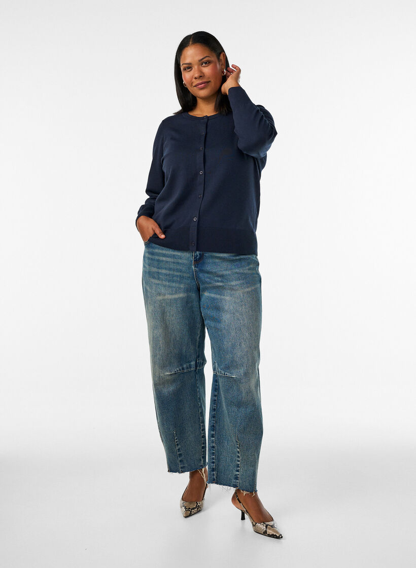 Finstrikket cardigan med rund hals, Bl&aring;, Model image number 1