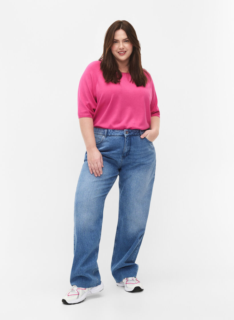 Strikket bluse i viskose med 3/4 ermer, Raspberry Rose, Model image number 2