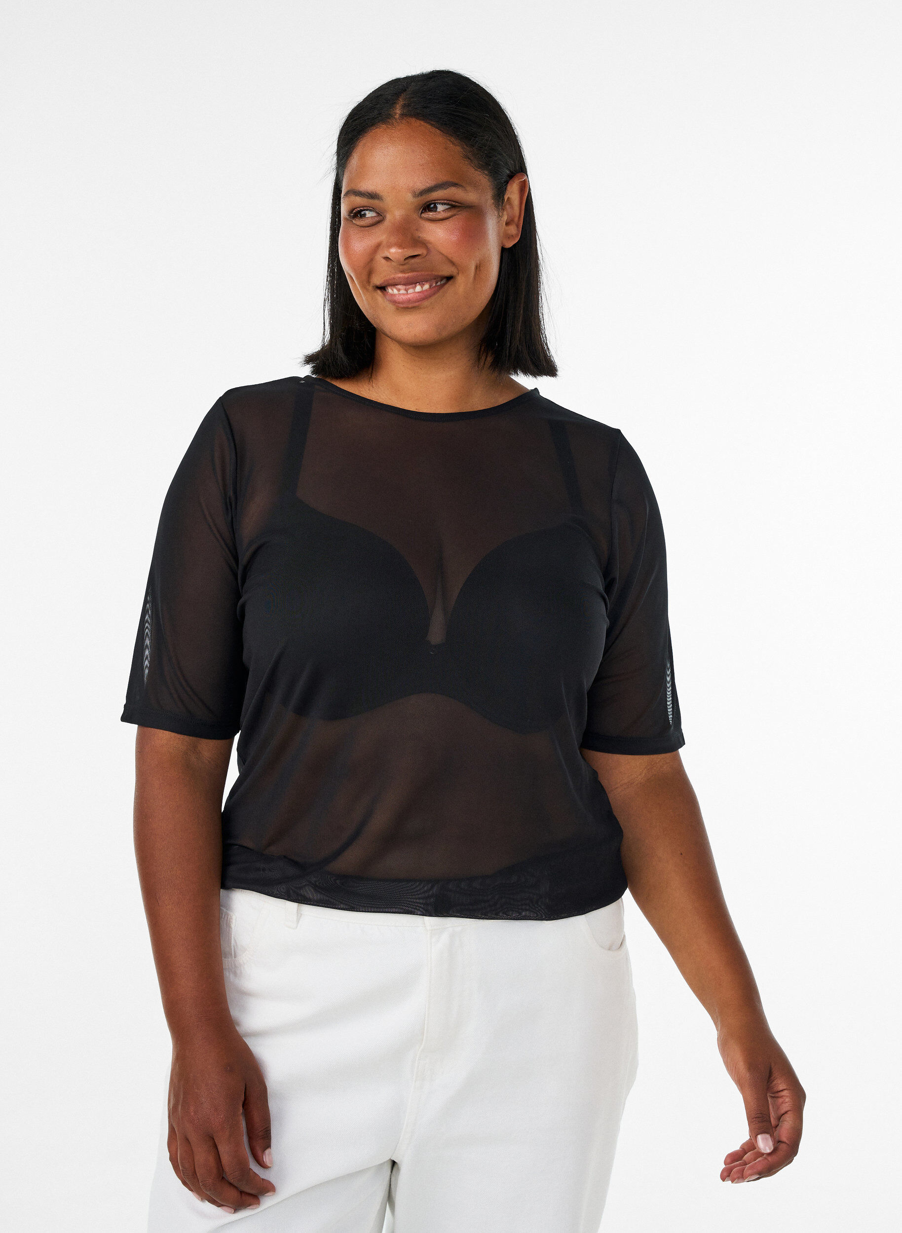 Mesh topp med korte ermer og rund hals, Svart, Model