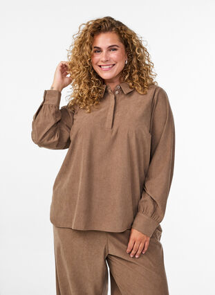 Zizzi Langermet skjortebluse i cordfløyel, Caribou, Model image number 0