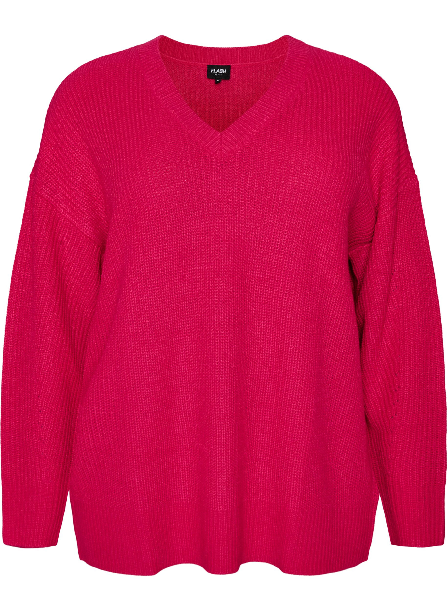 Lang ribbestrikket bluse med V-hals
