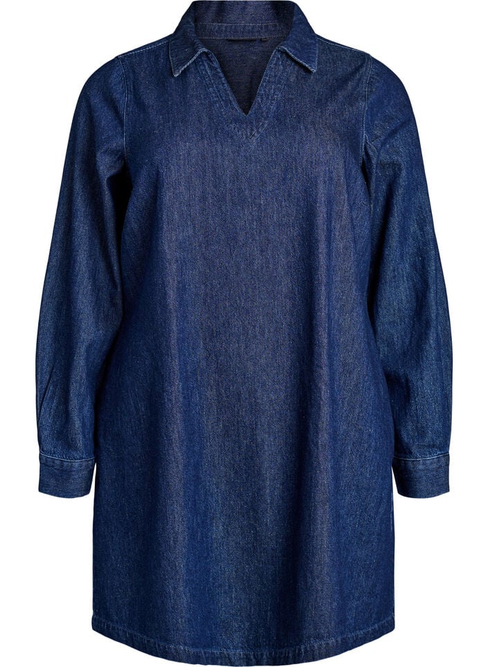 Kort denimkjole med V-hals og krage, Dark Blue Denim, Packshot