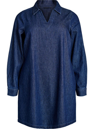 Zizzi Kort denimkjole med V-hals og krage, Dark Blue Denim, Packshot image number 0