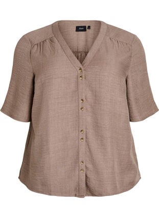 Zizzi Skjortebluse med V-hals eog korte ermer, Brun, Packshot image number 0