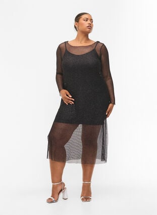Langermet kjole i netting, Black w. Silver, Model image number 0