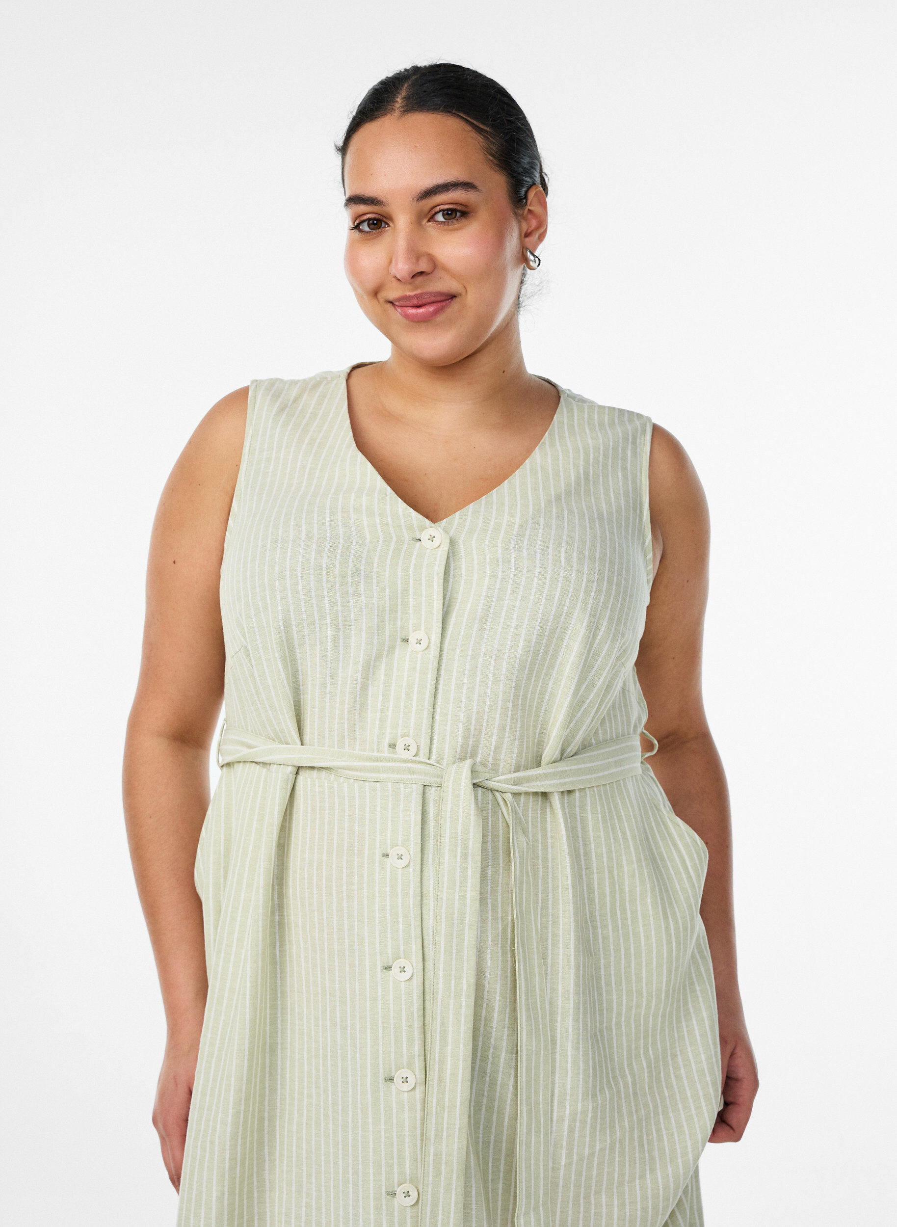ZizziErmel&oslash;s stripet midikjole i lin og viskose, Gr&oslash;nn, Model image number 2