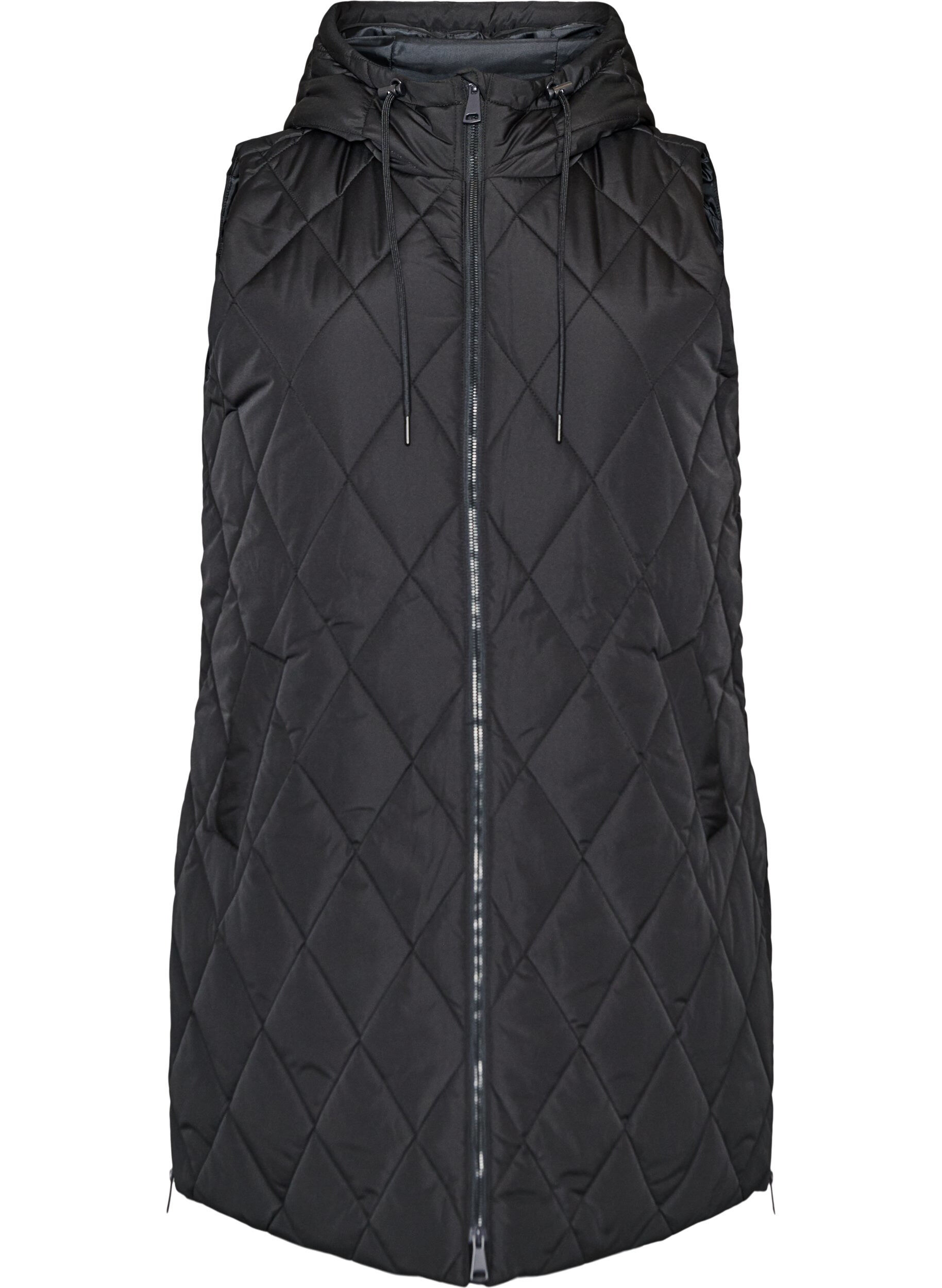 ZizziMellomlang quiltet vest med hette, Svart, Packshot image number 0