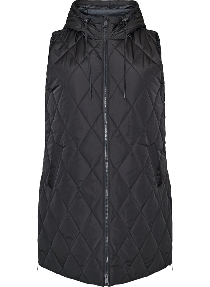 Mellomlang quiltet vest med hette, Svart, Packshot image number 0