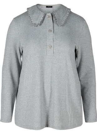Bluse med volangkrave og dekorative knapper, Light Grey Melange, Packshot image number 0