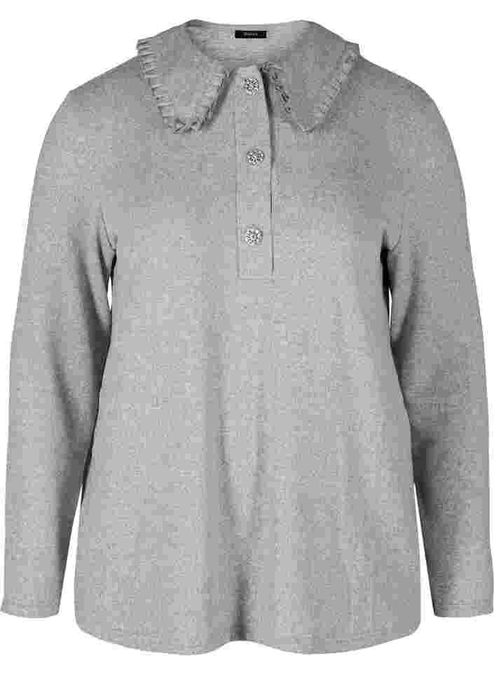 Bluse med volangkrave og dekorative knapper, Light Grey Melange