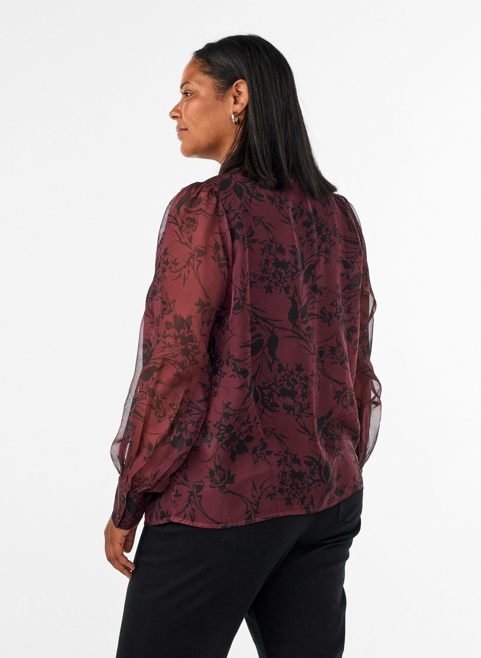 ZizziGjennomsiktig skjortebluse med blomsterm&oslash;nster og knytedetalj, M&oslash;rk Bordeaux, Model image number 2