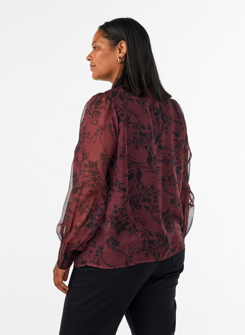 Gjennomsiktig skjortebluse med blomsterm&oslash;nster og knytedetalj, M&oslash;rk Bordeaux, Model image number 2