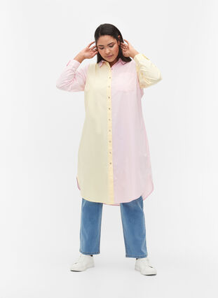 Lang skjorte i bomull med colourblock, Popcorn/Pink, Model image number 0