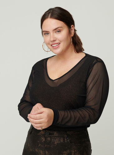Langermet bluse med lurex og v-hals, Black, Model image number 0