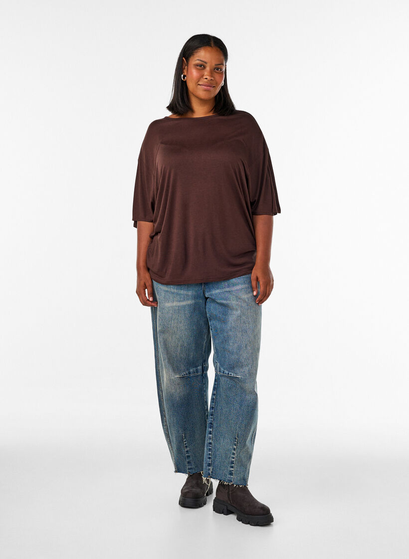 Loose fit T-skjorte i viskose jersey, Brun, Model image number 1