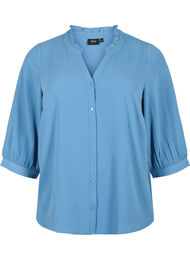 Skjortebluse med 3/4-ermer og volangkrage, Moonlight Blue