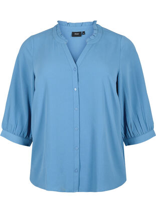 Skjortebluse med 3/4-ermer og volangkrage, Moonlight Blue, Packshot image number 0